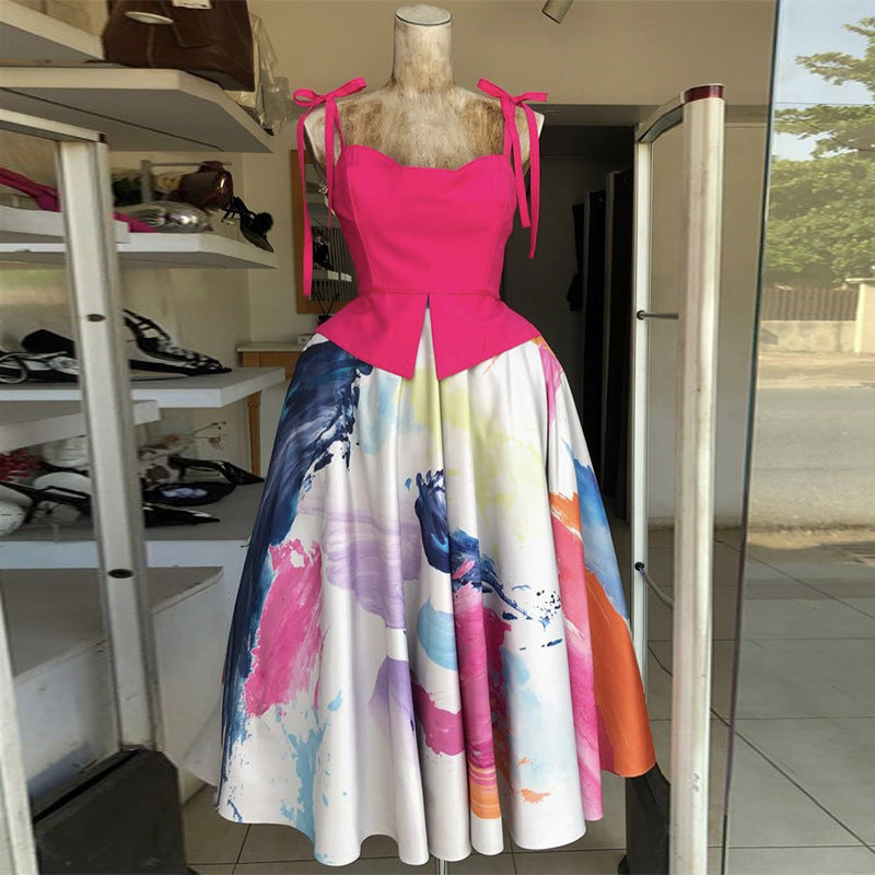 European and american cross-border women's fashion:  spring new arrival - elegant bowknot camisole top and printed flared midi skirt set