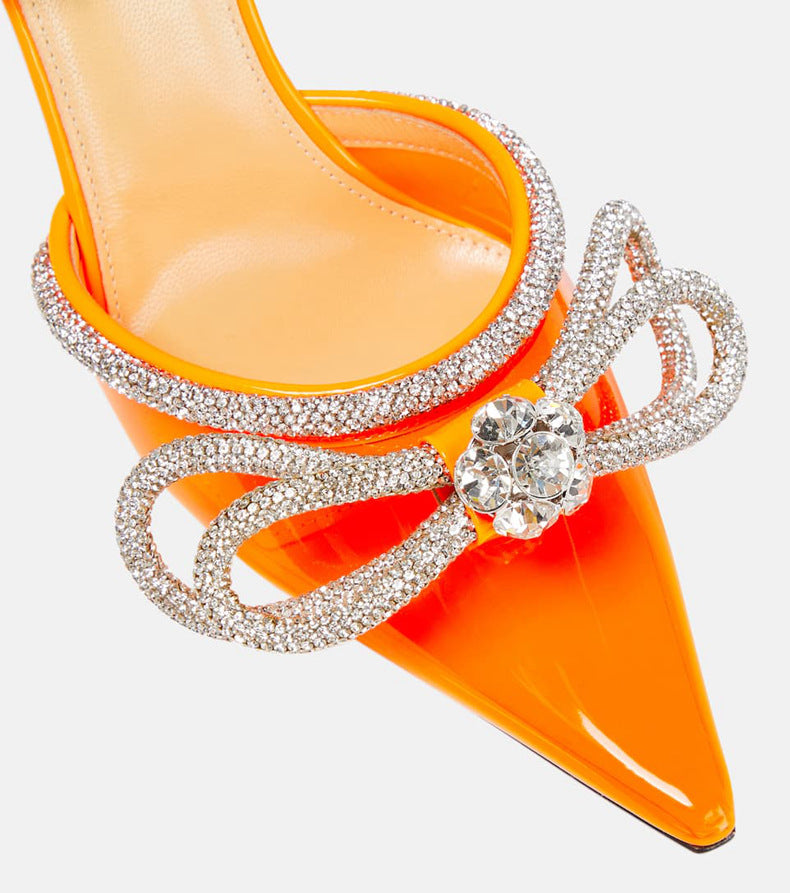 Transparent bow rhinestone high heel sandals pointed toe closed toe stiletto heels fashion european and american cross-border style