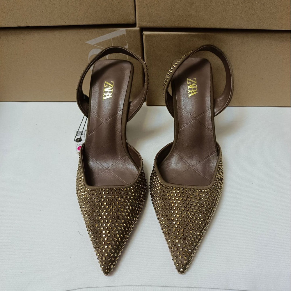 Za summer new 2024 high heel women's shoes - french pointed toe rhinestone embellished fashion back strap open heel stiletto pumps