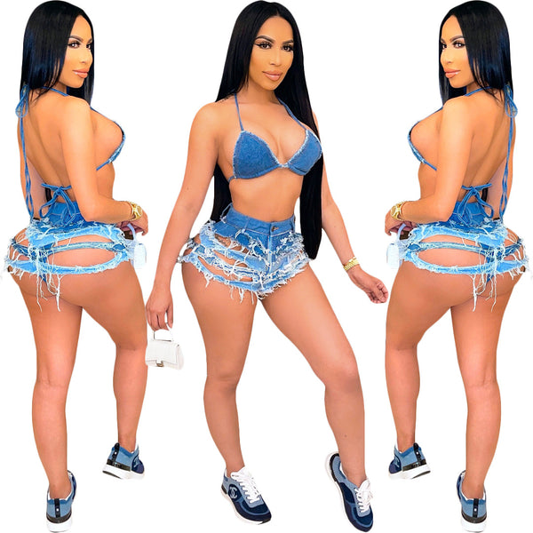 S390165 Cross-border wholesale European and American fringed polished denim shorts women's jeans casual hot pants single piece