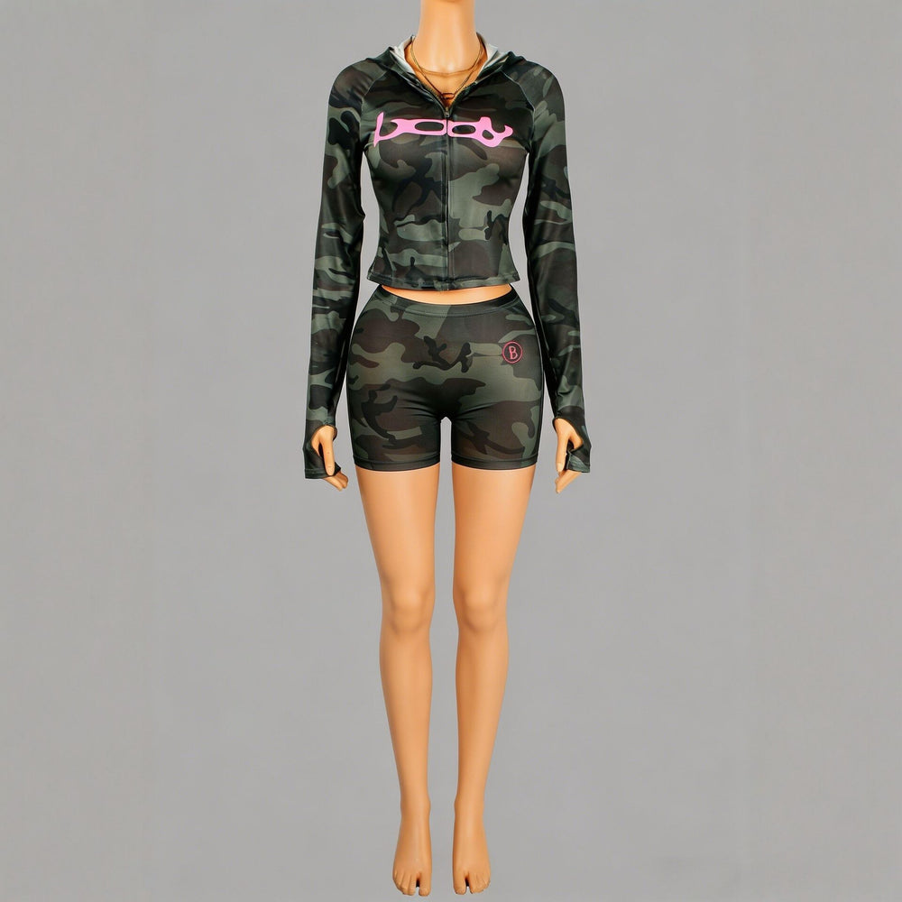 New ins trendy printed sporty stretch zip-up hoodie and shorts two-piece set for women