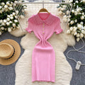 Frenchretro doll collar short-sleeved waist knittingdress women's summerslimming lookelegant tight hip-hugging sweater skirt