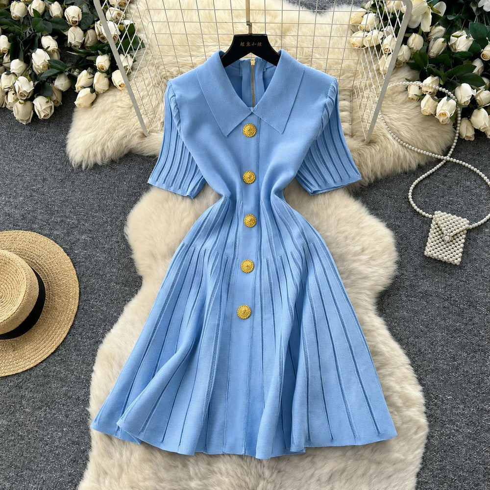 Xiaoxiangfengclassy contrast colorbows strappy long sleevesdress women's metal buckle waist slimming lookknitting short skirt