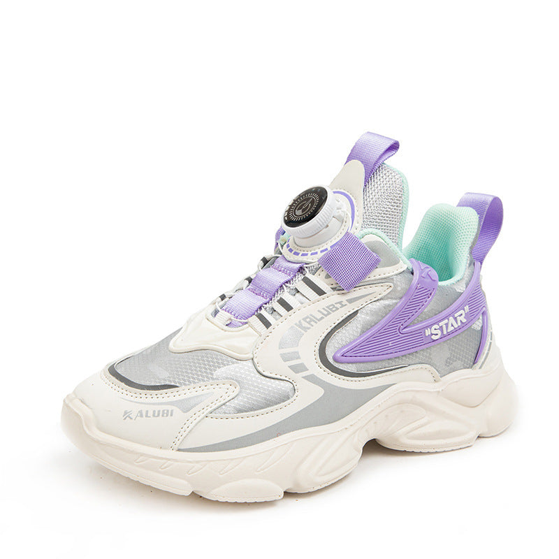 New leather sports running shoes for primary and secondary school students, rotating buckle handsome boys, spring and autumn versatile basketball shoes for girls