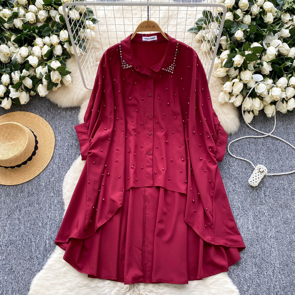European and american design irregular shirt for women, rhinestone and beaded single-breasted batwing sleeve loose fit mid-length top