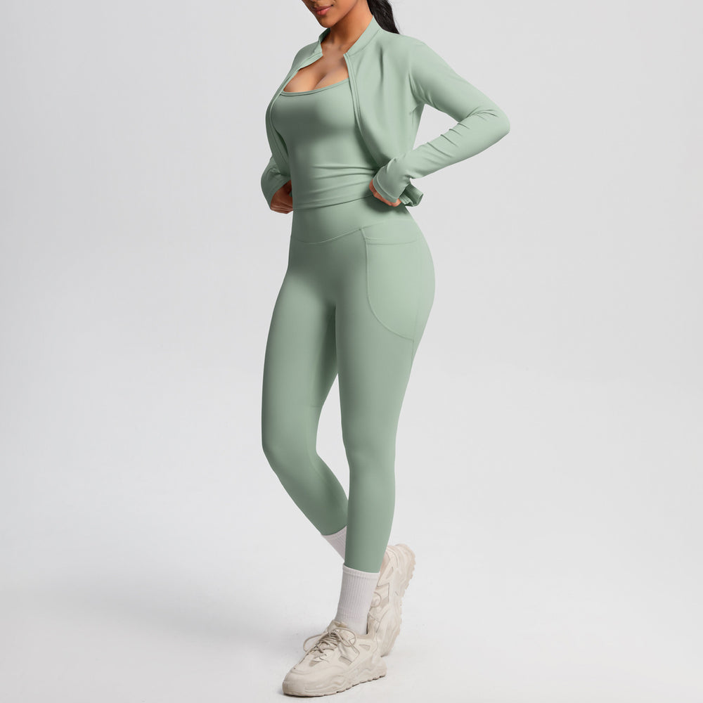 Fashion cross-border new cloud-sensing brushed sports vest flap pocket pantscasual hip-lifting fitness yoga wear three-piece set
