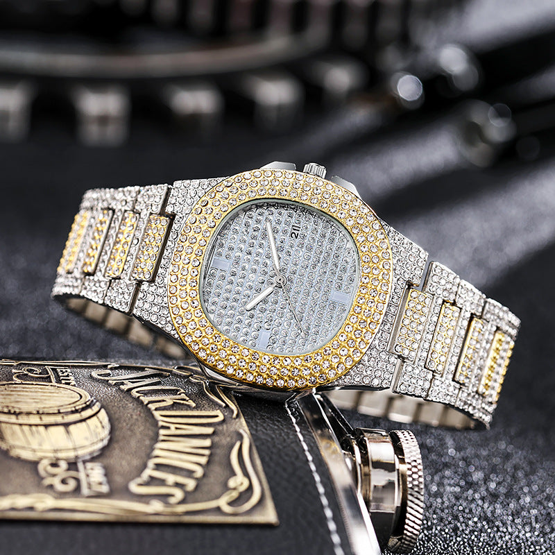 European and american hip-hop style fashion diamond watch for men and women, square large gold watch, trendy steel band quartz watch