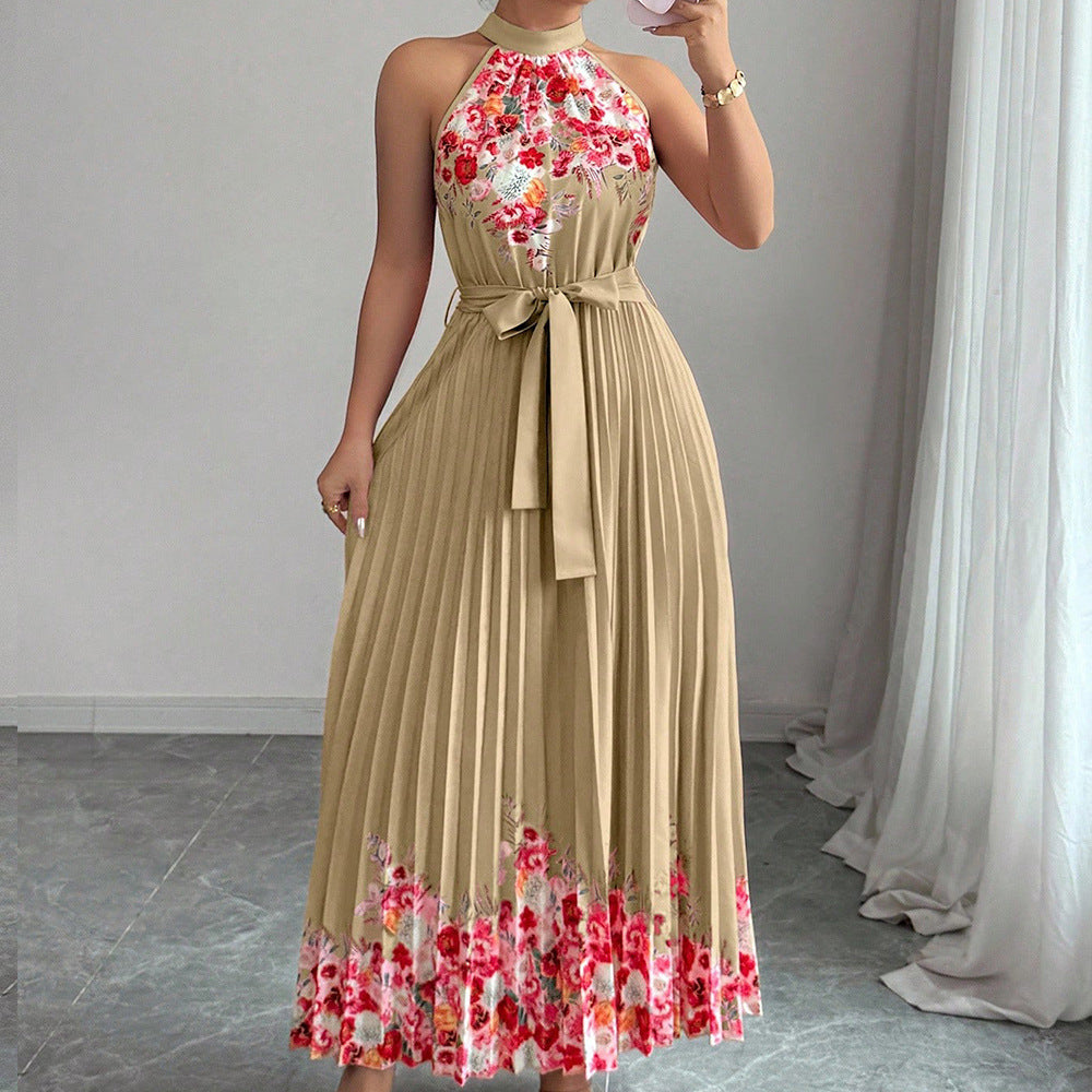 European and american cross-border women's summer  elegant halter neck tie waist floral print pleated maxi swing dress