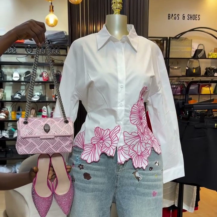 European and american cross-border women's fashion:  summer new arrival - stylish and elegant lapel design beaded long-sleeve shirt top