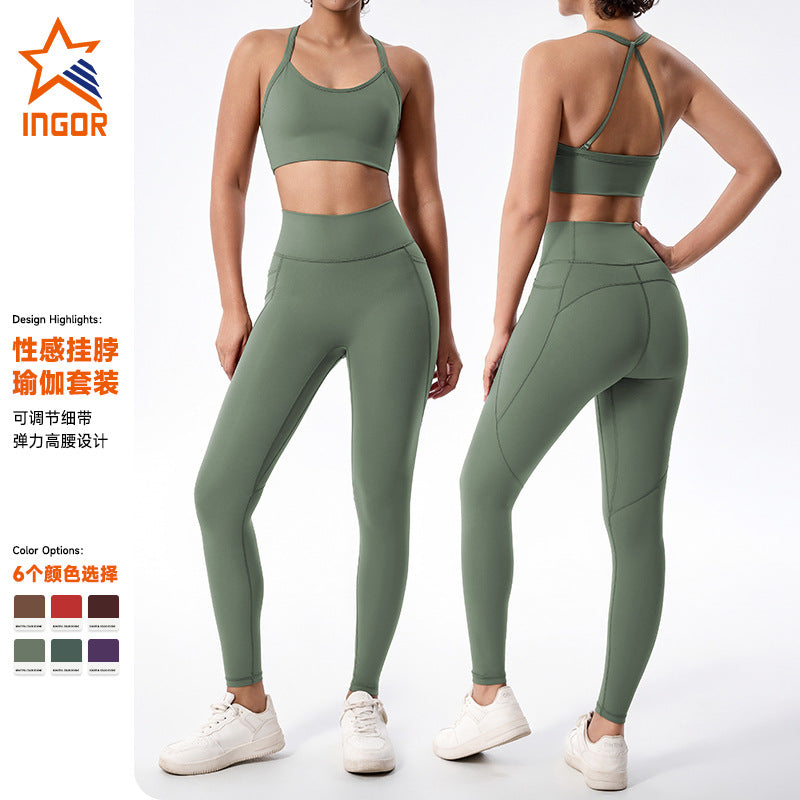 in stock thin tight-fitting breathable fitness clothing suit high waist hip lifting outdoor sports yoga clothing suit for women