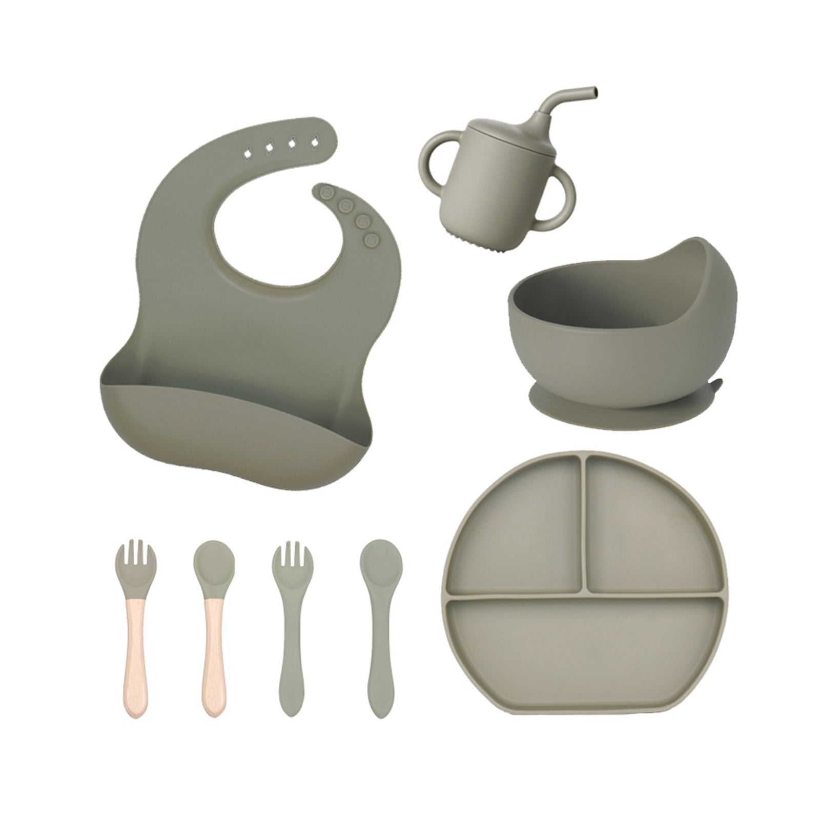 Baby silicone tableware 6-piece set Children's silicone bowl Suction cup Plate Water cup Wooden handle Fork spoon Wholesale Spot tableware