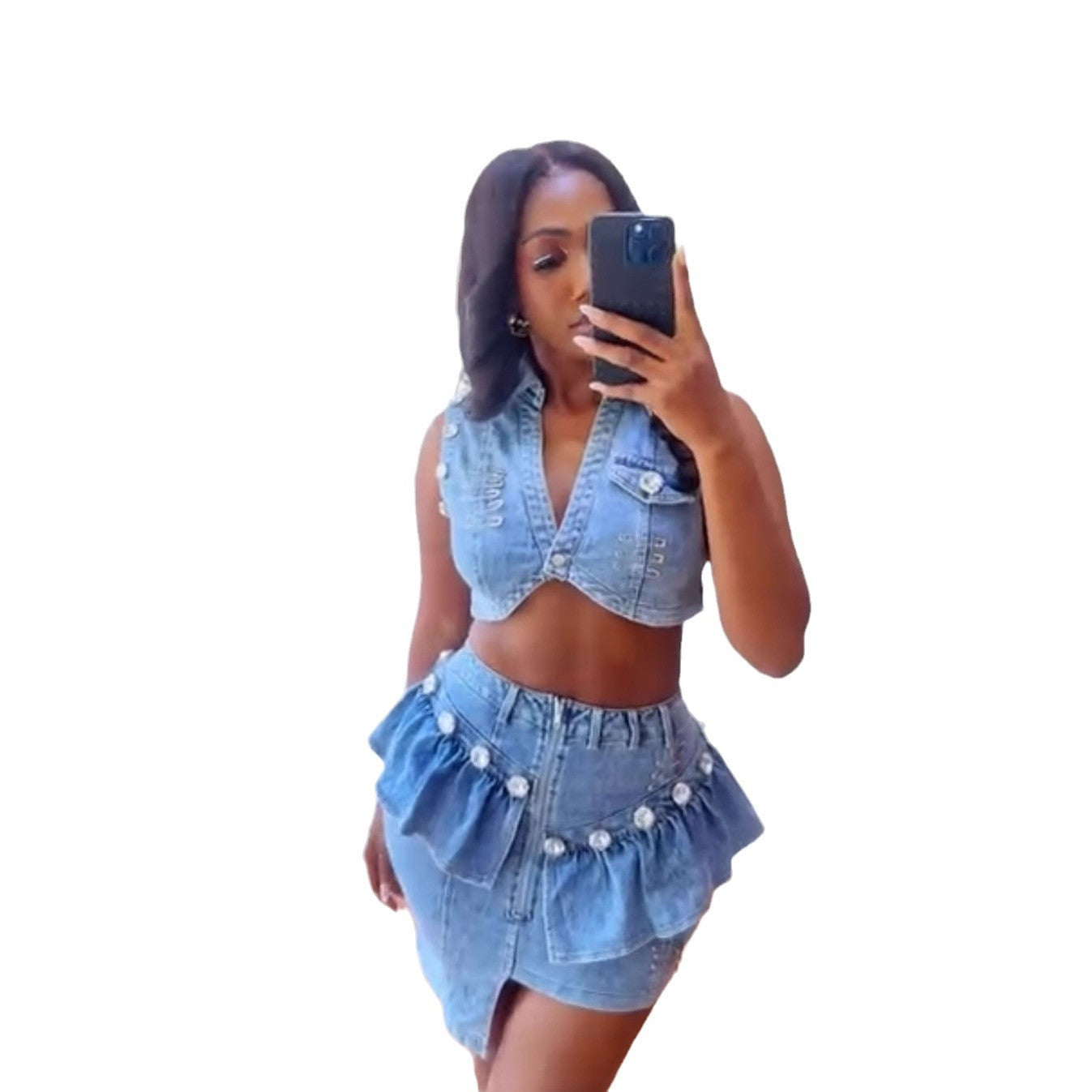 Cross-border European and American new women's clothing denim suit sleeveless lapel cardigan small vest, irregular short skirt two-piece set