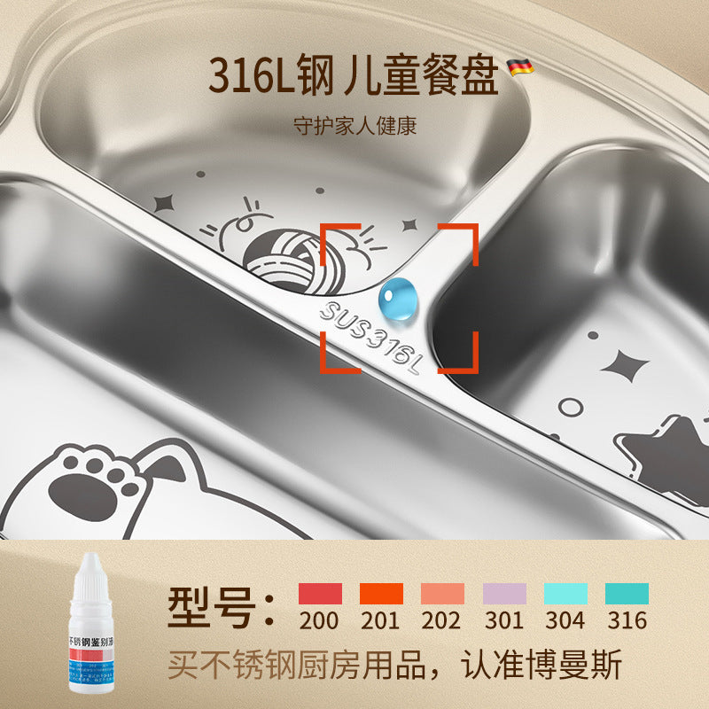 316L stainless steel children's grid dinner plate with non-slip silicone suction cup children's cute baby eating tableware lunch box