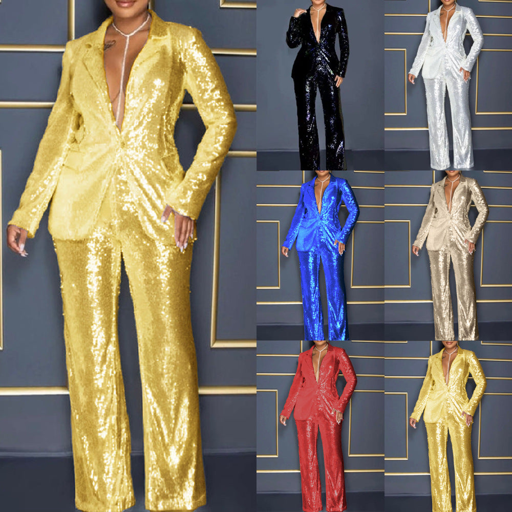summer cross-border jumpsuit: new european and american style  women's long-sleeve v-neck sequin jumpsuit two-piece set