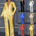 summer cross-border jumpsuit: new european and american style  women's long-sleeve v-neck sequin jumpsuit two-piece set