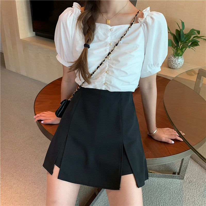 Small split-ended skirt pants on both sides, women's large size 2021 summer new versatile hip-covering skirt, high-waisted A-word short skirt