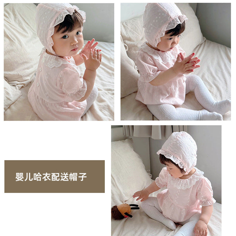 Forest style baby clothes summer thin newborn baby girl bag butt clothes summer lapel princess small monthly age khaki