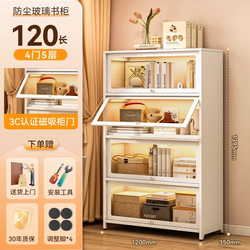 Steel bookcase with glass doors, kids' bookshelf, home living room storage cabinet, dustproof display cabinet, iron art shelf