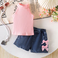 26 cross-border summer girl pink and white pit strip halter top + denim shorts sweet bow children's clothing wholesale in stock