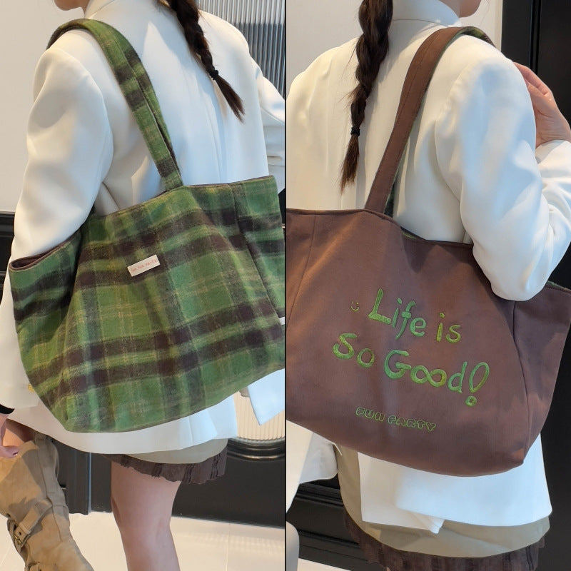 autumn/winter hot-selling double-sided backpack - women's niche plaid design shoulder bag - large capacity versatile tote bag