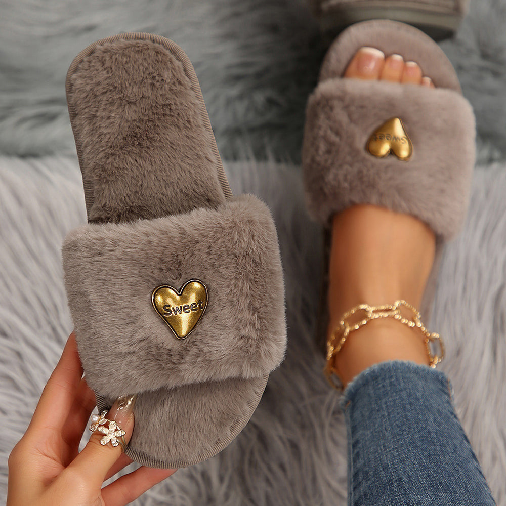 new small fragrance style heart style trendy internet celebrity thickeneded warm autumn and winter one-word fur slippers manufacturer wholesale direct sales
