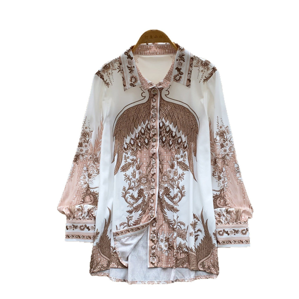 K-stylework clothing styleretroprintinglong sleevesshirt women's springloosecardigan lapel single-breasted fashiontops