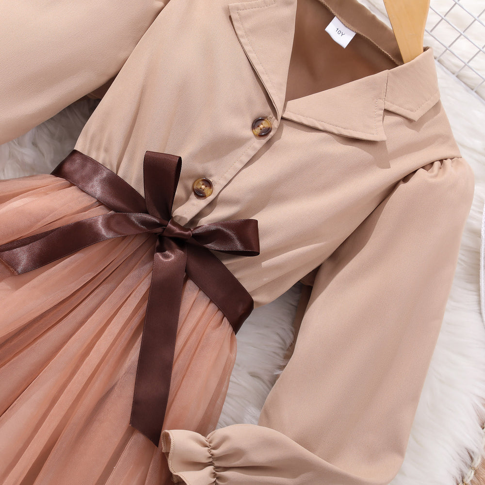 new girls' long-sleeve turn-down collar solid color mesh dress with woven belt