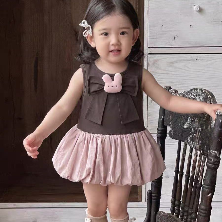Summernew arrivaldress soft cute style girl pink and white contrast colorlace collar bows flower bud skirt girl vest skirt