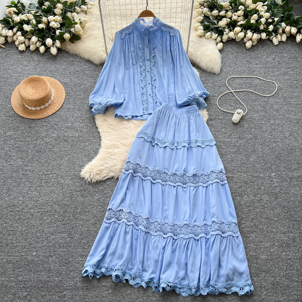 French court style two-piece set: women's high-end hollow-out lace patchwork lantern sleeve blouse and high-waisted flared midi skirt