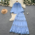 French court style two-piece set: women's high-end hollow-out lace patchwork lantern sleeve blouse and high-waisted flared midi skirt