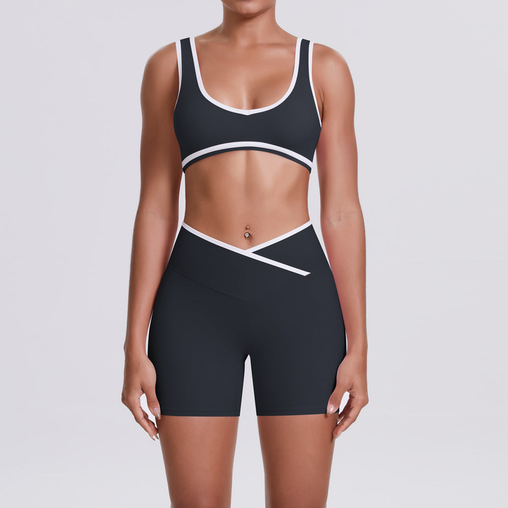 New arrival nude contrast colorpatchwork yoga clothes cross high waist butt lift shorts sports back suit running fitness clothes