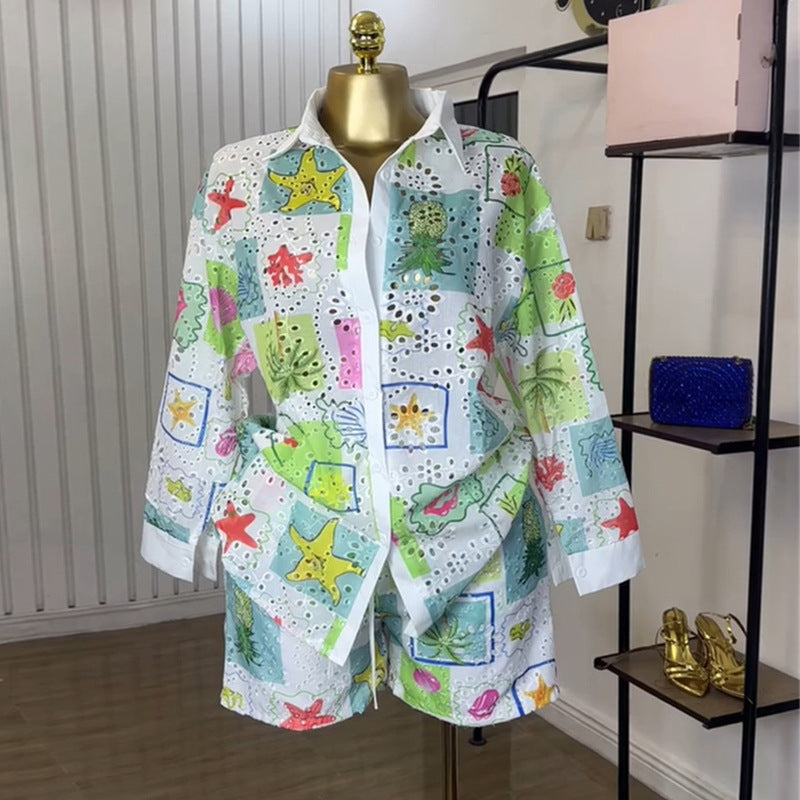 European and american cross-border women's fashion:  summer new collection - stylish printed, cutout, turn-down collar, long-sleeve shirt and shorts casual set