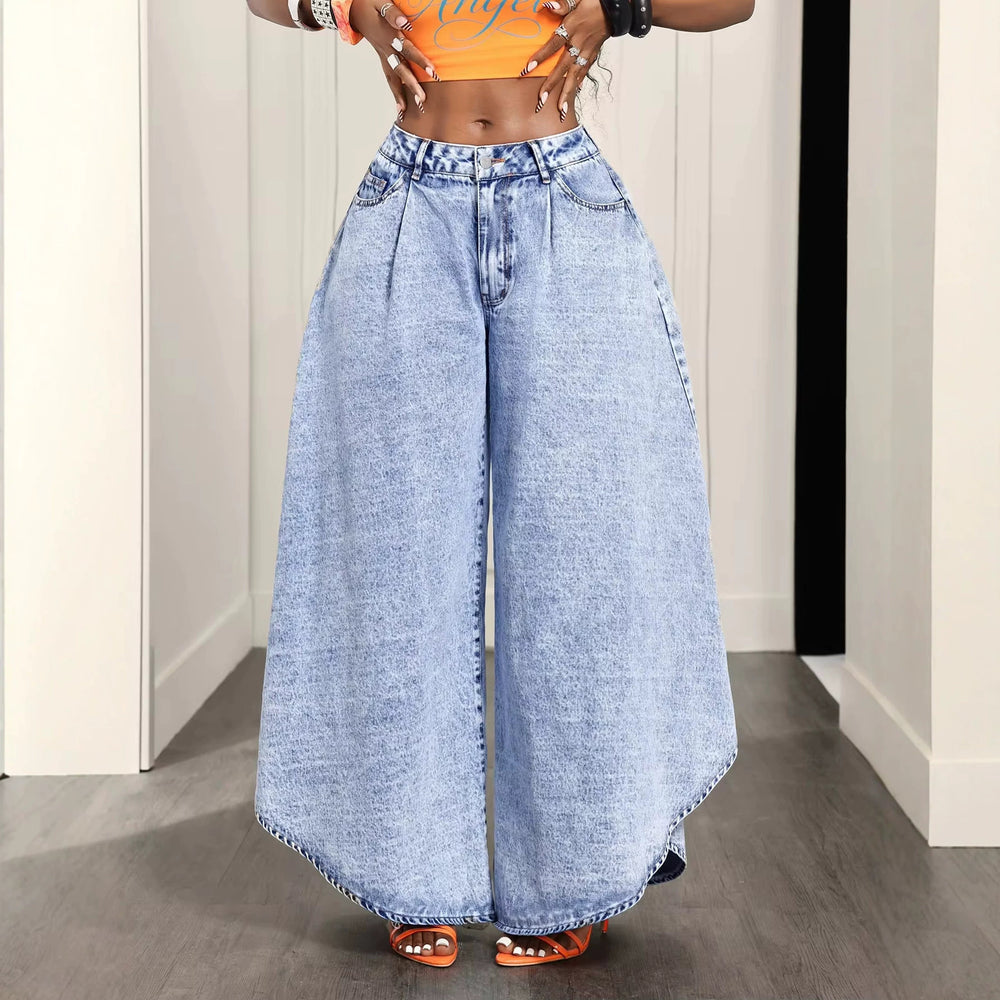 Fashionjeans women's high waist snowflake washed pleated wide leg pants light blue distressed loosedrapedmoppants