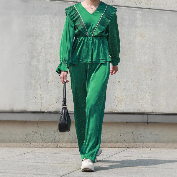New long-sleeved v-neck ruffle edge temperament waist large-size women's shirt high waist and thin wide-leg casual pants set