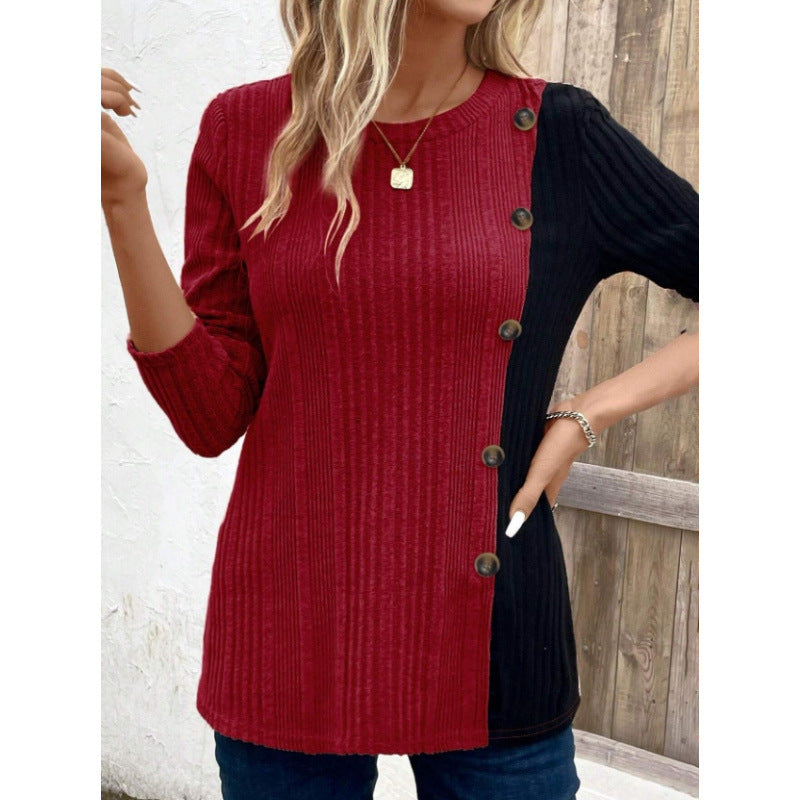 Women's color block ribbed long sleeve top - crew neck button detail patchwork casual shirt