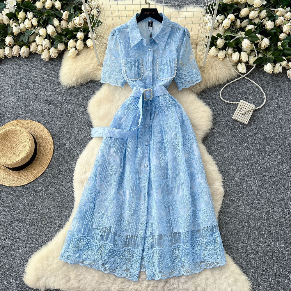 French chic socialite beaded pocket short sleeve dress - women's cinched waist elegant crochet embroidery mesh maxi dress