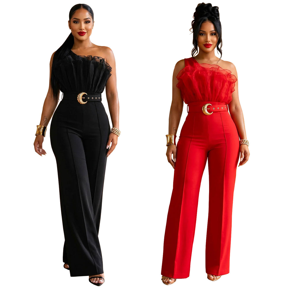 C7765 cross-border  new style accessible luxury mesh oblique shoulder high waist wide leg pants crescent buckle banquet temperament jumpsuit