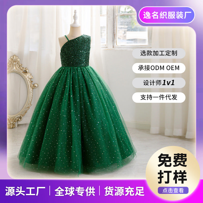 European and american style girls' evening gown - high-end, elegant, long, mesh tutu skirt, off-the-shoulder, sequin embellished, customizable, hot seller