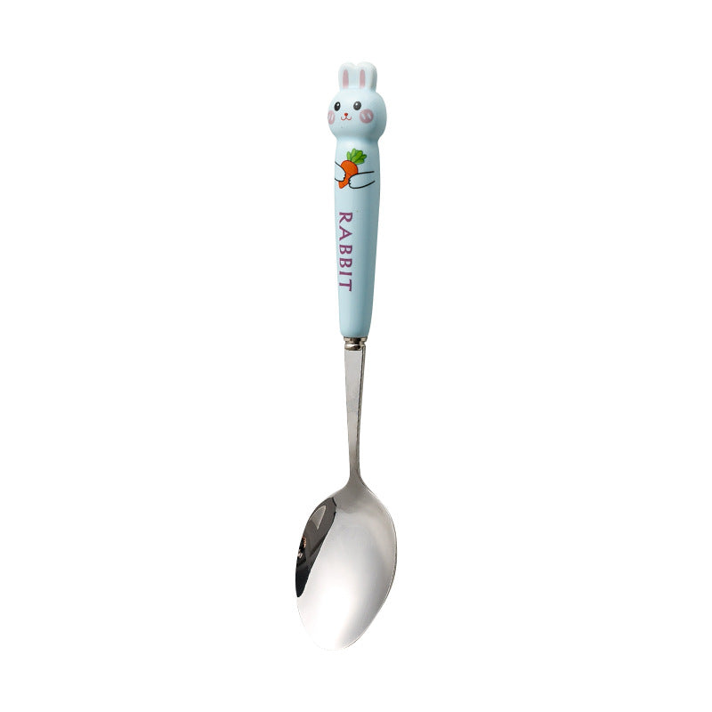 Cartoon stainless steel cutlery set: cute kids' forks with stylish ceramic handles, exquisite dessert spoons, and serving spoons