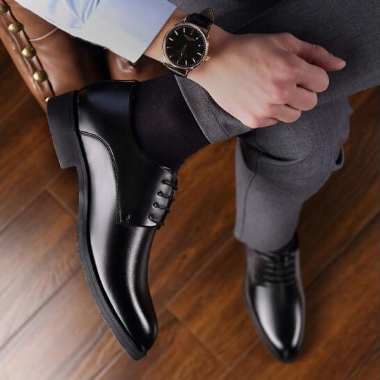 Black leather lace-up men's dress shoes - soft sole, business casual, round toe, leisure style, british & korean design, hidden heel