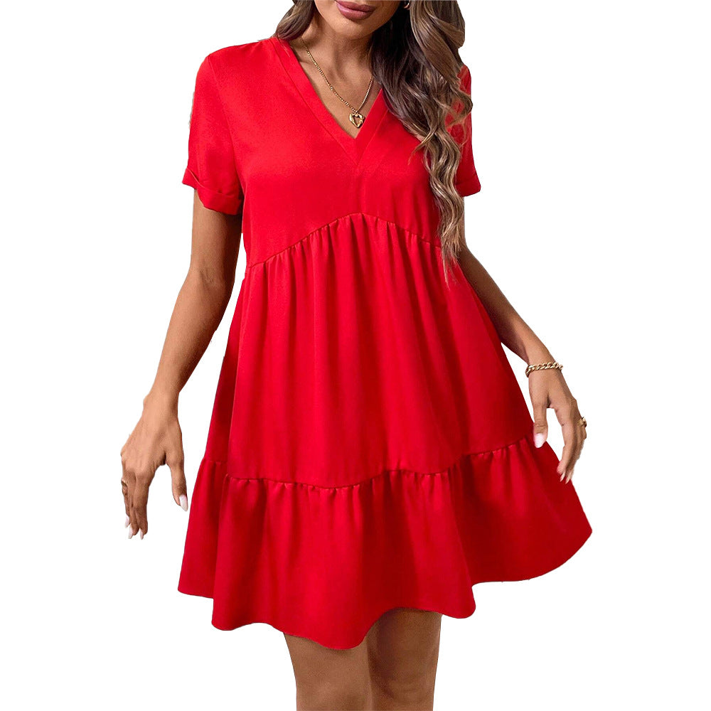 Ins popular style  cross-border women's clothing european and american small v neckcasualloose large skirt short-sleeved vacation red dress