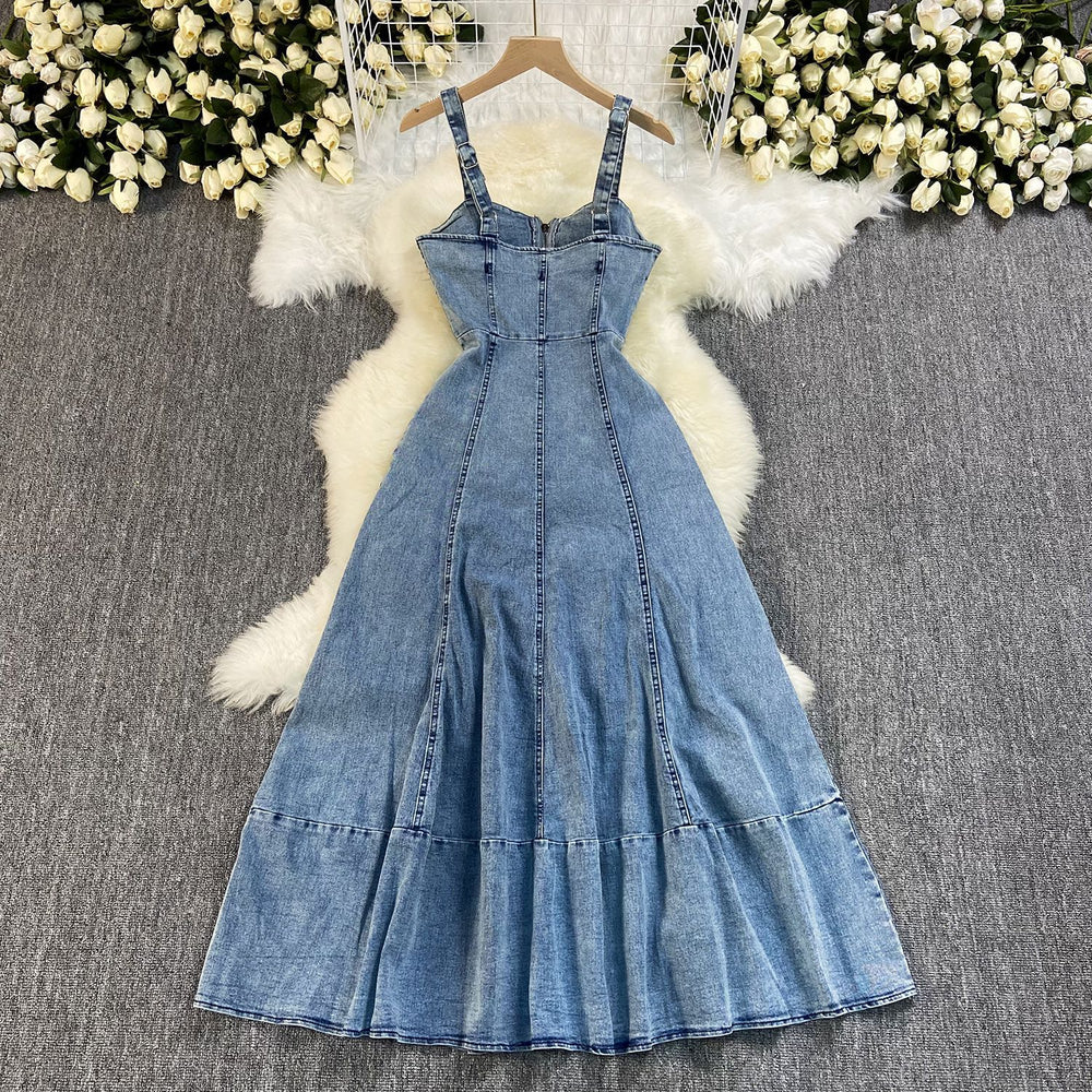 Fashion cross-border summernew arrival denim dress suspender backless high waist zipper silm large swing denim long skirt