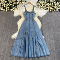 Fashion cross-border summernew arrival denim dress suspender backless high waist zipper silm large swing denim long skirt