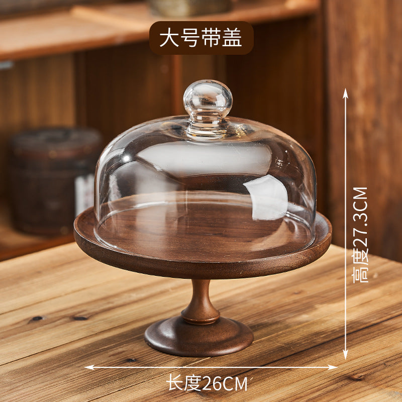 Vintage-style wooden cake stand with glass dome lid - perfect for cakes, bread, desserts, fruits, and tea pastries (2026 collection)