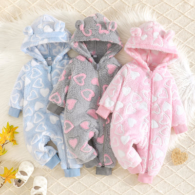 new autumn/winter bestseller: fuzzy heart hooded romper - long sleeve bodysuit for baby boys and girls