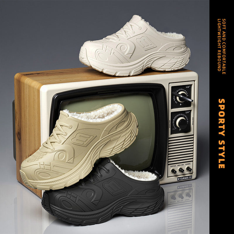 2025 new women's fleece-lined chunky sneakers: non-slip, waterproof, outdoor & indoor casual, versatile thick-soled cotton slippers