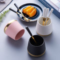 Gold-trimmed striped ceramic fruit fork storage jar - stylish stainless steel fruit forks, a great home essential, spoon and fork set