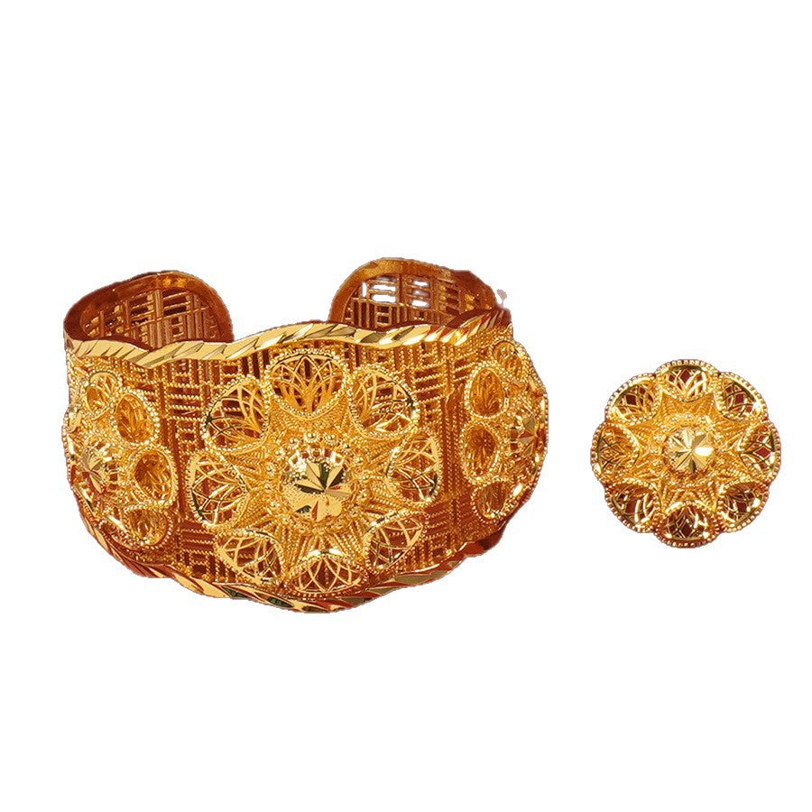 Bracelet and ring set, 24k gold plated luxury floral open bangle, middle eastern dubai style women's everyday accessories