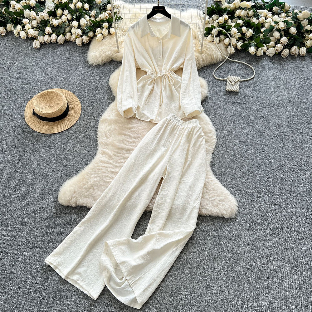 Light mature style wear women's summer wear sense of design drawstring straps waist long sleevesshirt high waist wide leg straight-leg pants suit