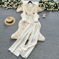 Light mature style wear women's summer wear sense of design drawstring straps waist long sleevesshirt high waist wide leg straight-leg pants suit
